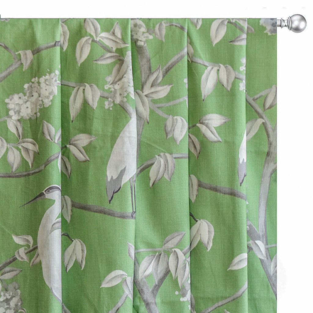 Green, White Heron N Daffodil Printed Cotton Curtain Panels