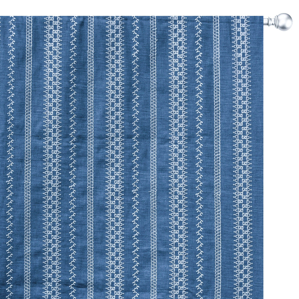 Light Blue, White Geometric Cotton Embroidery Curtain Panels