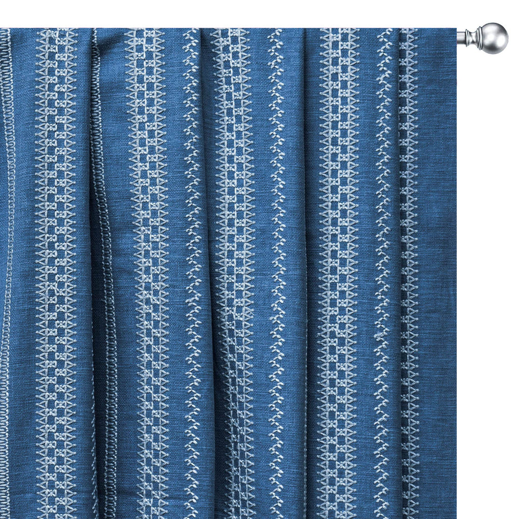 Light Blue, White Geometric Cotton Embroidery Curtain Panels