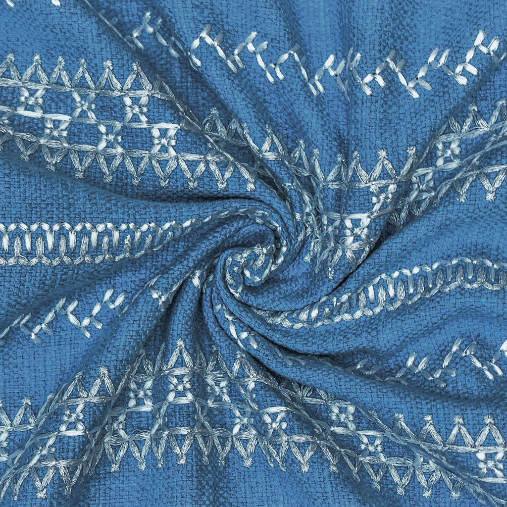 Light Blue, White Geometric Cotton Embroidery Curtain Panels