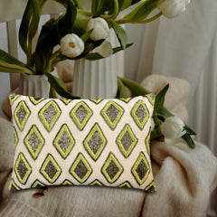Lozenge Green - Green Linen Lumbar Pillow Cover