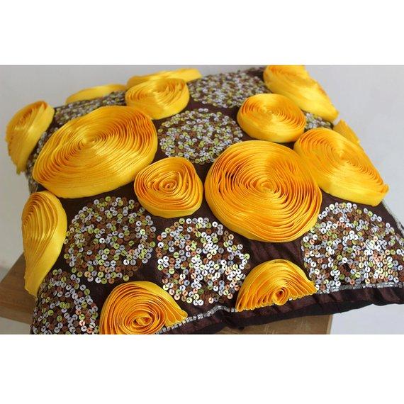 Chocolate Marigolds - Brown Art Silk Decorative Euro Sham