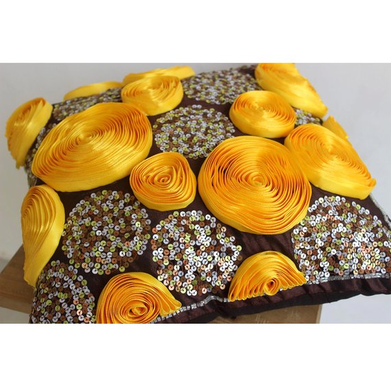 Chocolate Marigolds - Brown Art Silk Throw Pillow Cover