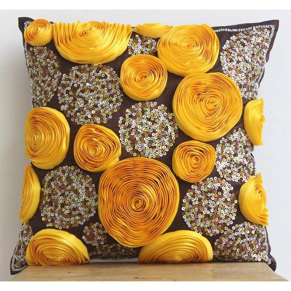 Chocolate Marigolds - Brown Art Silk Decorative Euro Sham