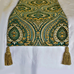 Damask Tapestry - Jacquard Green Decorative Bed Runner and Cushion Cover