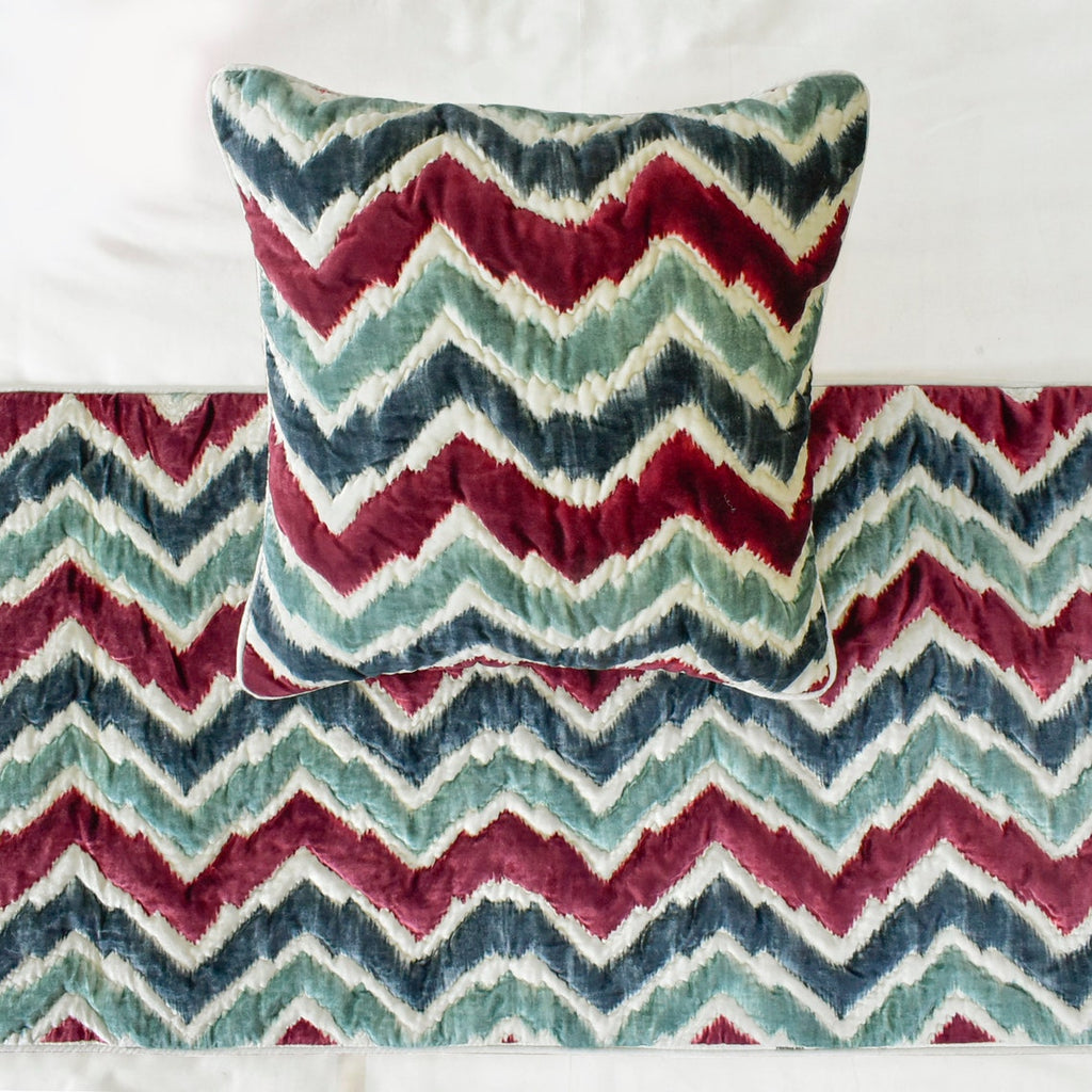 Chevron Symphony - Suede Red & Blue Decorative Bed Runner and Cushion Cover