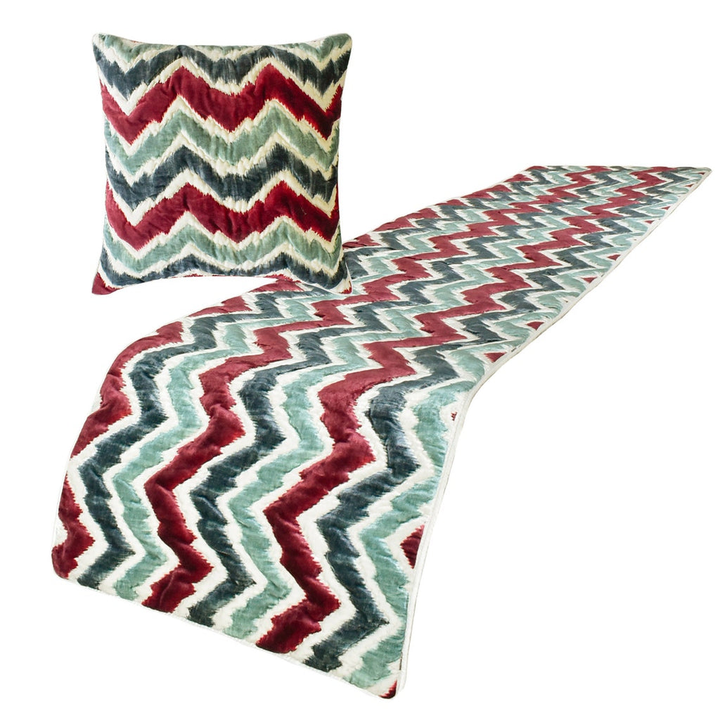 Chevron Symphony - Suede Red & Blue Decorative Bed Runner and Cushion Cover