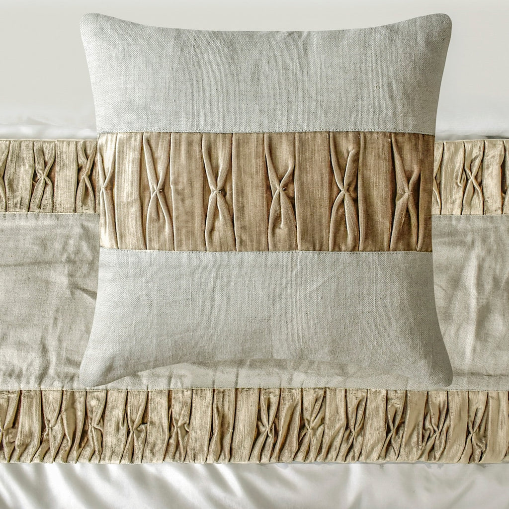 Cascade Pleats - Velvet & Linen Brown Decorative Bed Runner and Cushion Cover