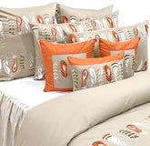 Beige Feather Embroidery - Beige, Orange Cotton Duvet Cover Set