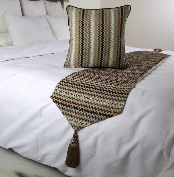 Chevron Fun - Embroidered Beige, Brown Decorative Bed Runner and Cushion Cover