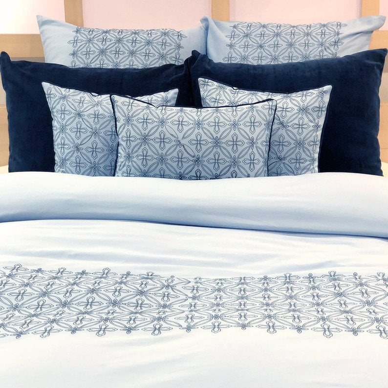 Blue Geometric Embrodiery - Light Blue, Dark Blue Velvet Duvet Cover Set