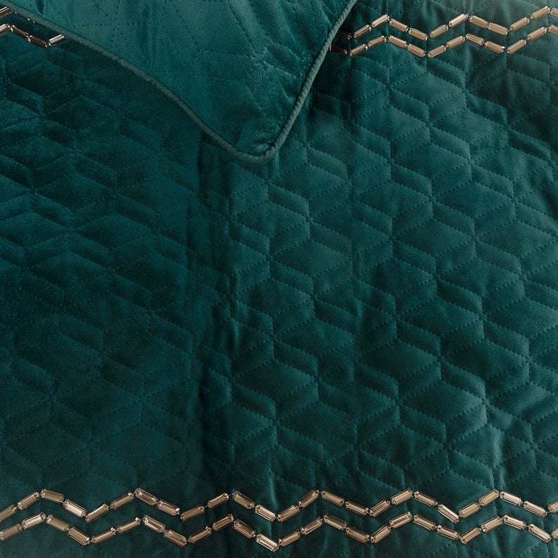 Teal Diamond Symphony - Velvet Teal Blue Decorative Bed Runner and Cushion Cover