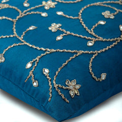 Peacock Blue Ivy Zardozi Throw Pillow Cover