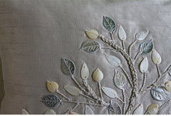 Silver Leaf - Silver Beige Art Silk Throw Pillow Cover