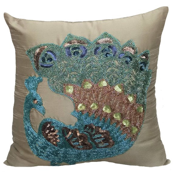 Taupe Green Peacock Pillow Cover