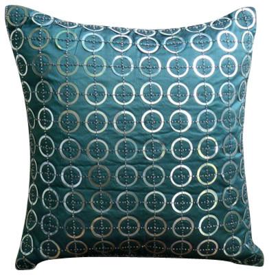 Teal N Silver Rings - Teal Blue Art Silk Decorative Euro Sham