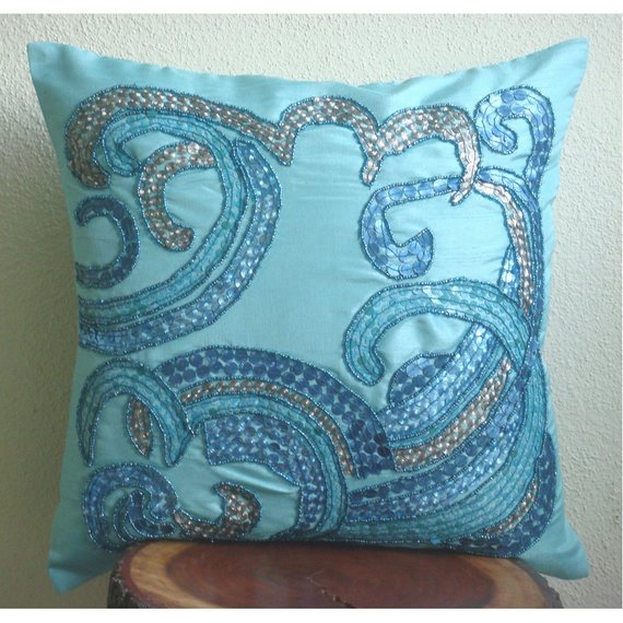 Tides Blue Silk Throw Cushion Cover