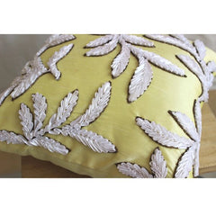 White Leaves - Yellow Art Silk Throw Pillow Cover