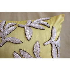 White Leaves - Yellow Art Silk Throw Pillow Cover