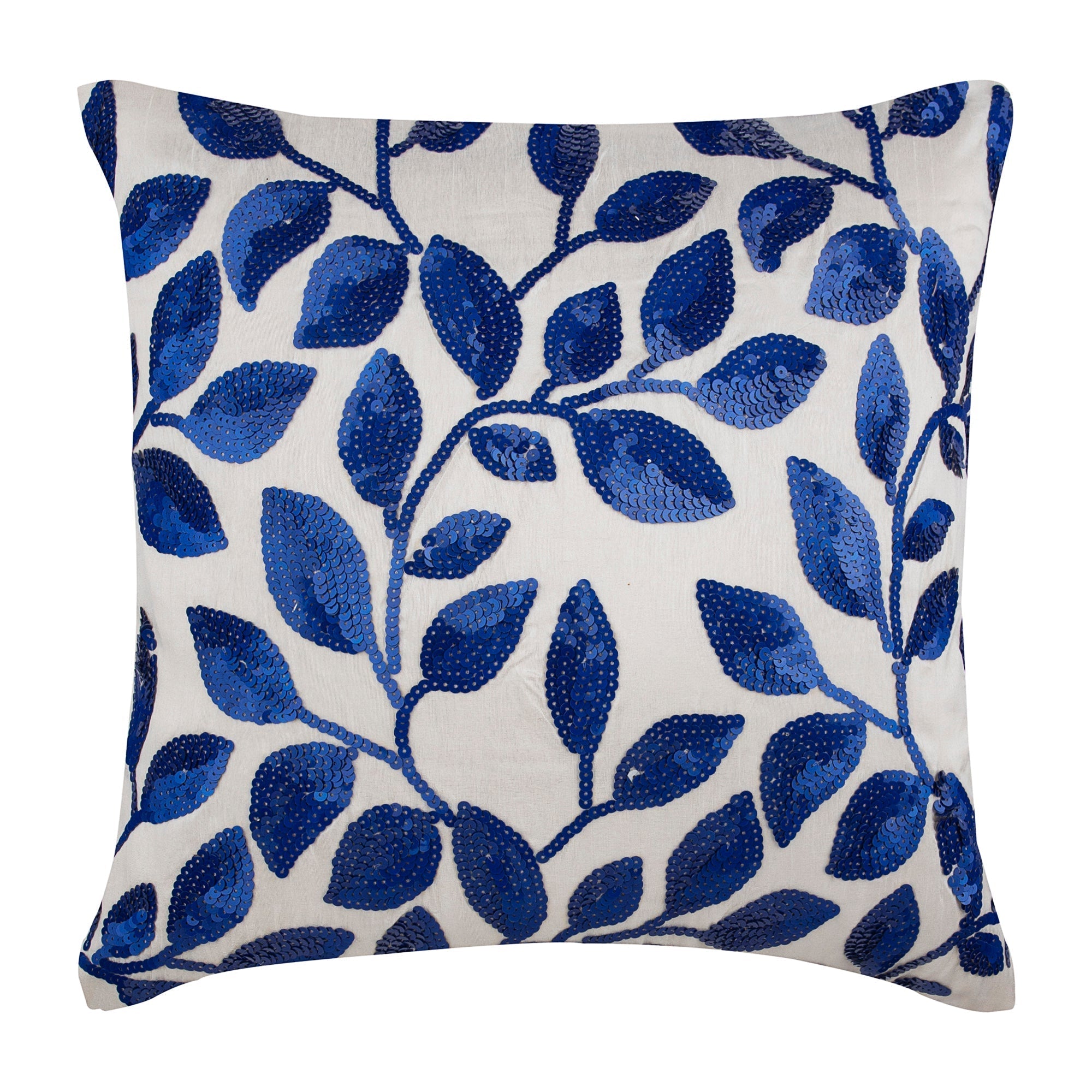 Wintry Blue Leaves Sequins Throw Pillow Cover