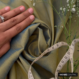 Gold And Turquoise Blue Art Silk / Faux Silk Fabric By The Metre