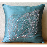 Crystal Sea Shell - Teal Blue Art Silk Throw Pillow Cover