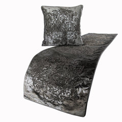 Foil Damask - Velvet Grey, Silver Decorative Bed Runner and Cushion Cover