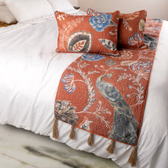 Peacock Soiree - Linen Rust or Orange Decorative Bed Runner and Cushion Cover