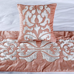 Peach Elegance - Peach & Ivory Velvet Decorative Bed Runner and Cushion Cover