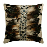 Crystallised Feathers - Beige Linen Throw Cushion Cover