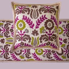 Folk Floral - Cotton Chartreuse & Berry Decorative Bed Runner and Cushion Cover