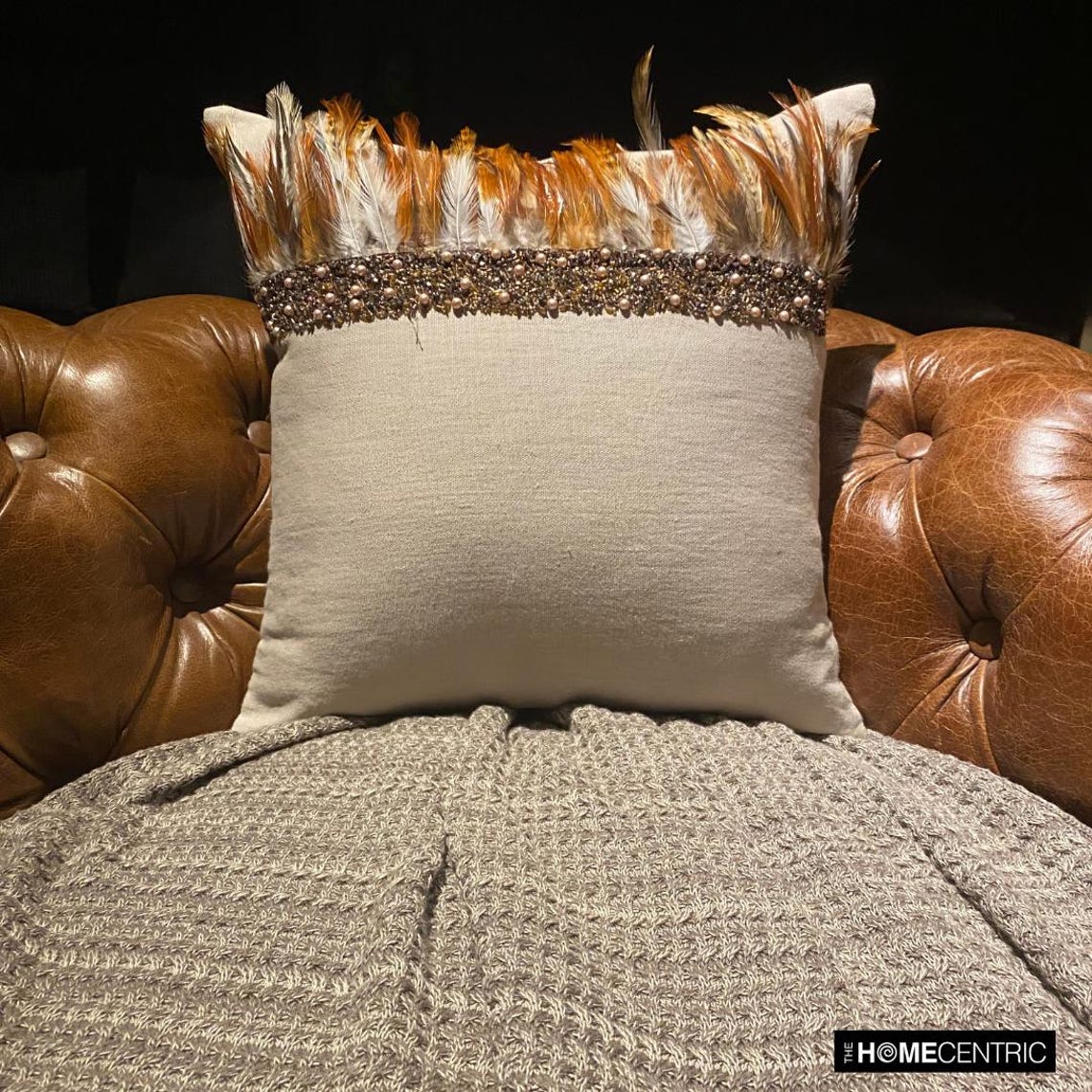 Falling Feathers - Beige Linen Throw Cushion Cover