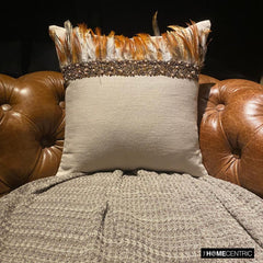 Falling Feathers - Beige Linen Throw Cushion Cover