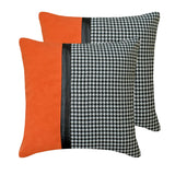 Dark Houndstooth - Orange & Black Jacquard & Faux Leather Decorative Throw Cushion Cover