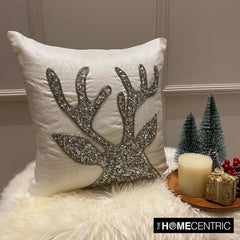 Sequined Antlers - White & Silver Silk  Decorative Throw  Cushion Cover
