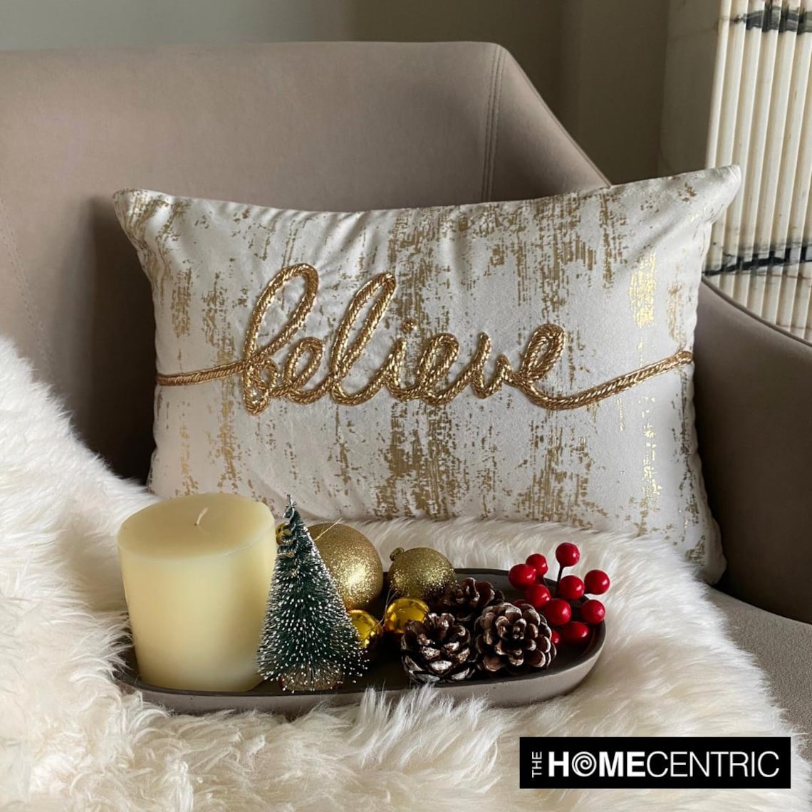 Believe - Gold Velvet Decorative Lumbar Cushion Cover
