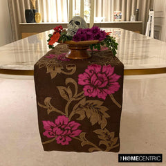 Blossoms Applique - Silk Dupioni Dark Brown, Olive Green, Fuchsia Pink Decorative Table Runners