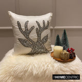 Sequined Antlers - White & Silver Silk  Decorative Throw  Cushion Cover