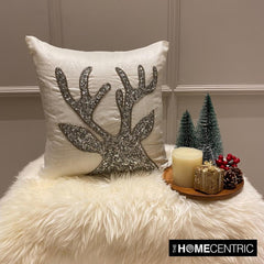 Sequined Antlers - White & Silver Silk  Decorative Throw  Cushion Cover