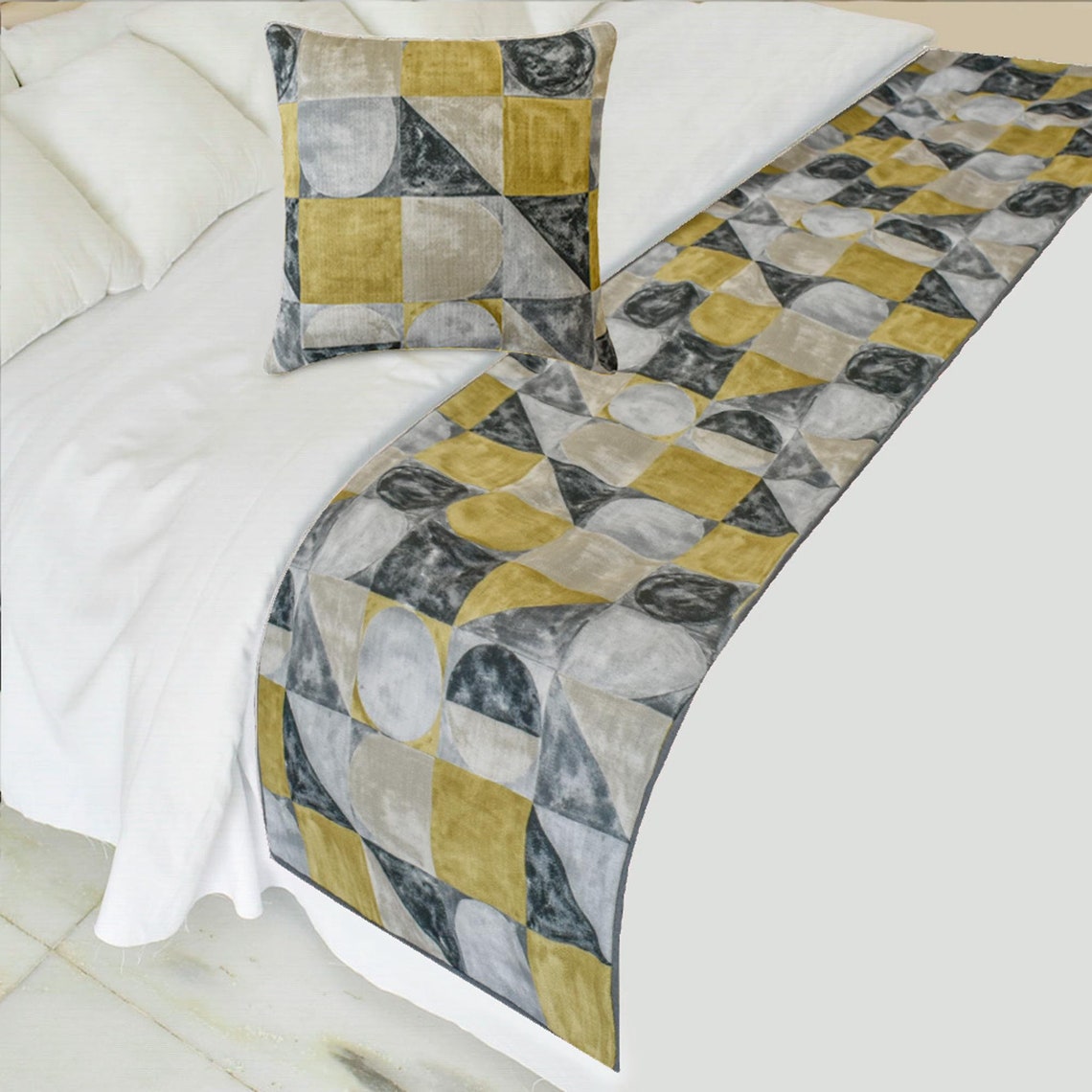 Chartreuse Symmetry Decorative Bed Runner and Cushion Cover