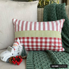 Red Merry Grid - Red Cotton Decorative Lumbar Cushion Cover