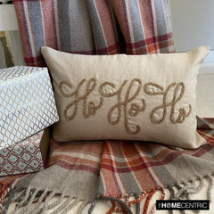 Ho Ho Ho - Gold Linen Christmas Ho Ho Ho Lumbar Cushion Cover