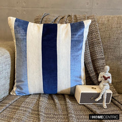 Velvet Band Blue - Blue Velvet & Linen Throw Pillow Cover