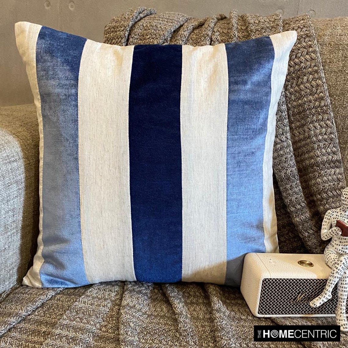 Velvet Band Blue - Blue Velvet & Linen Throw Cushion Cover