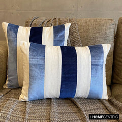 Velvet Band Blue - Blue Velvet & Linen Throw Cushion Cover