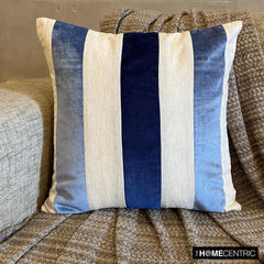 Velvet Band Blue - Blue Velvet & Linen Throw Cushion Cover