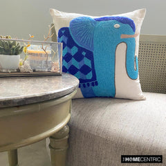 Blue Elephant - Blue Cotton Linen Decorative Euro Sham