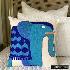Blue Elephant - Blue Cotton Linen Throw Pillow Cover
