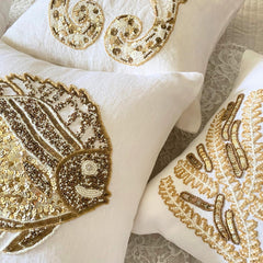 Sea Horse Kiss - Ivory & Gold Linen Throw Cushion Cover