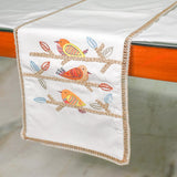 Chirping Charm - White Cotton Decorative Table Runner